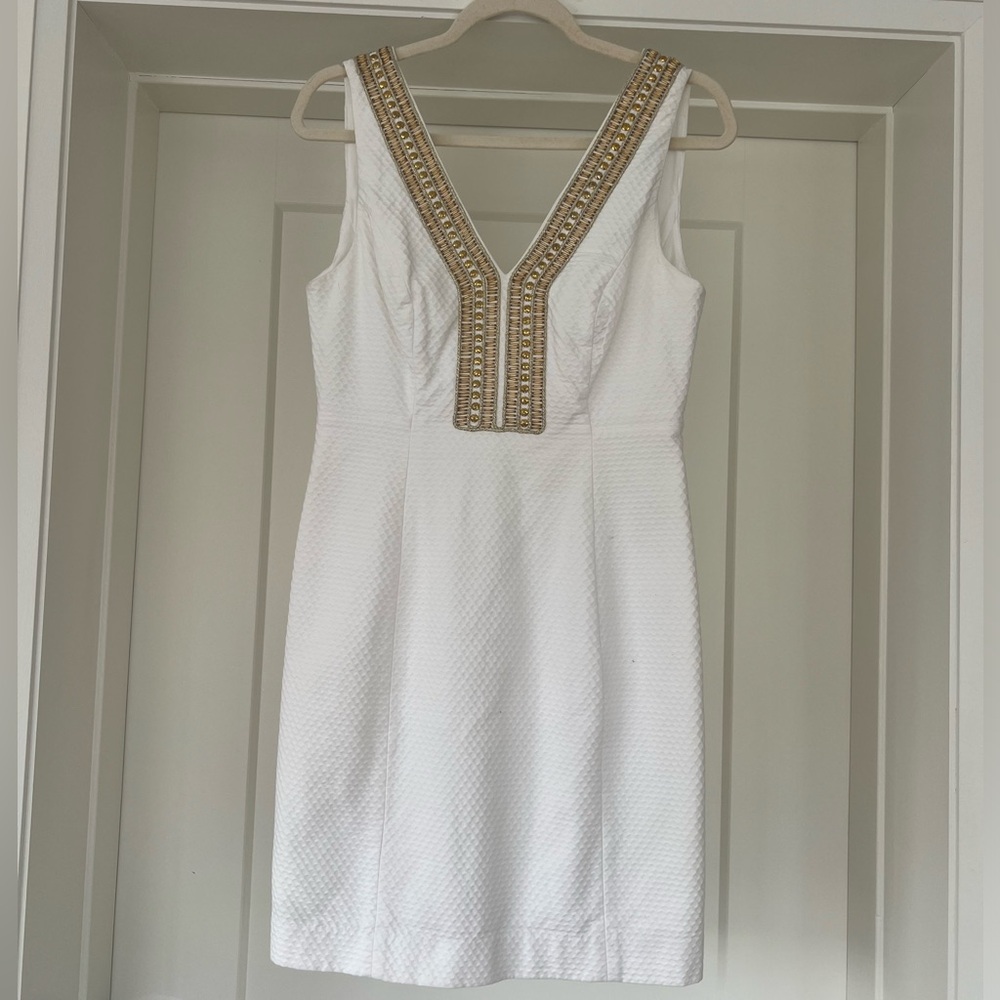 Elegant White Lily Pulitzer Dress with Gold Accents